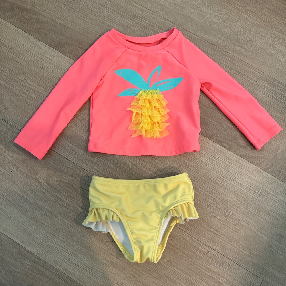 Cat & Jack Coral Pink Rash Guard with Yellow Pineapple Bikini